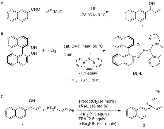 Enlarged view: Iridium-Catalyzed Enantioselective Allylic Vinylation with Potassium Alkenyltrifluoroborates.  J. Y. Hamilton, D. Sarlah, E. M. Carreira, Org. Synth. 2015, 92, 1
